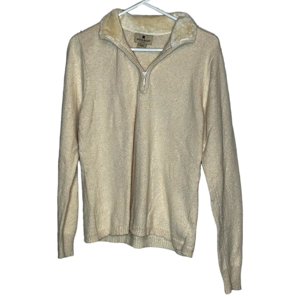 Woolrich quarter zip cotton blend sweater fur like collar ecru heather large
